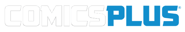 The image shows the Comics Plus logo with the words "COMICS" in white and "PLUS" in blue, displayed in a bold, modern font on a transparent background.