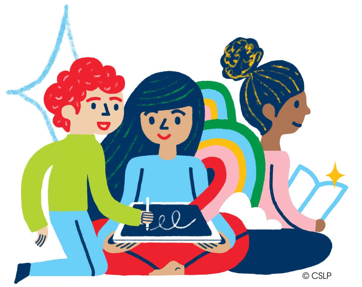 three children sit together; one writes on a tablet, another holds a book, and the third observes. a colorful rainbow and stars are in the background.