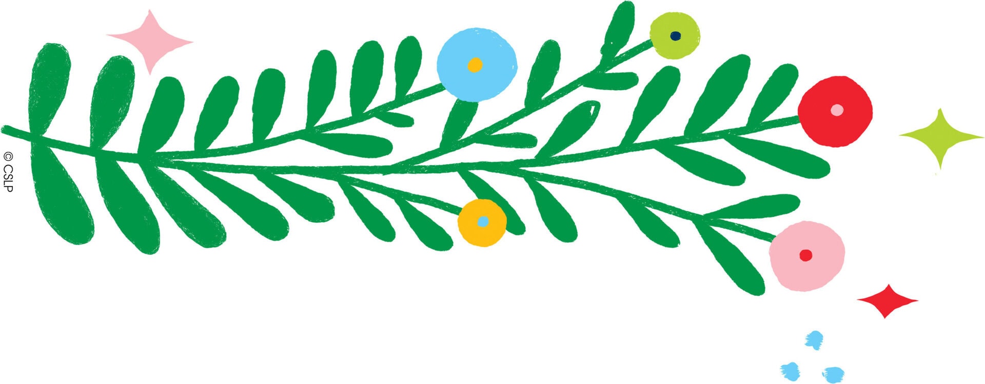 illustration of a green leafy plant with colorful round flowers and stars in red, blue, pink, and yellow, set against a white background.