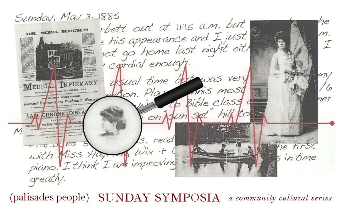 A collage featuring handwritten notes, a vintage photograph of a woman, a magnifying glass over an old newspaper, and a heartbeat line, promoting a community event called Sunday Symposia.