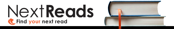 The image shows the text "NextReads: Find your next read" beside two stacked books, one with an orange ribbon bookmark.