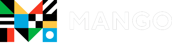 Colorful geometric "M" logo next to the word "MANGO" in bold white uppercase letters on a transparent background.