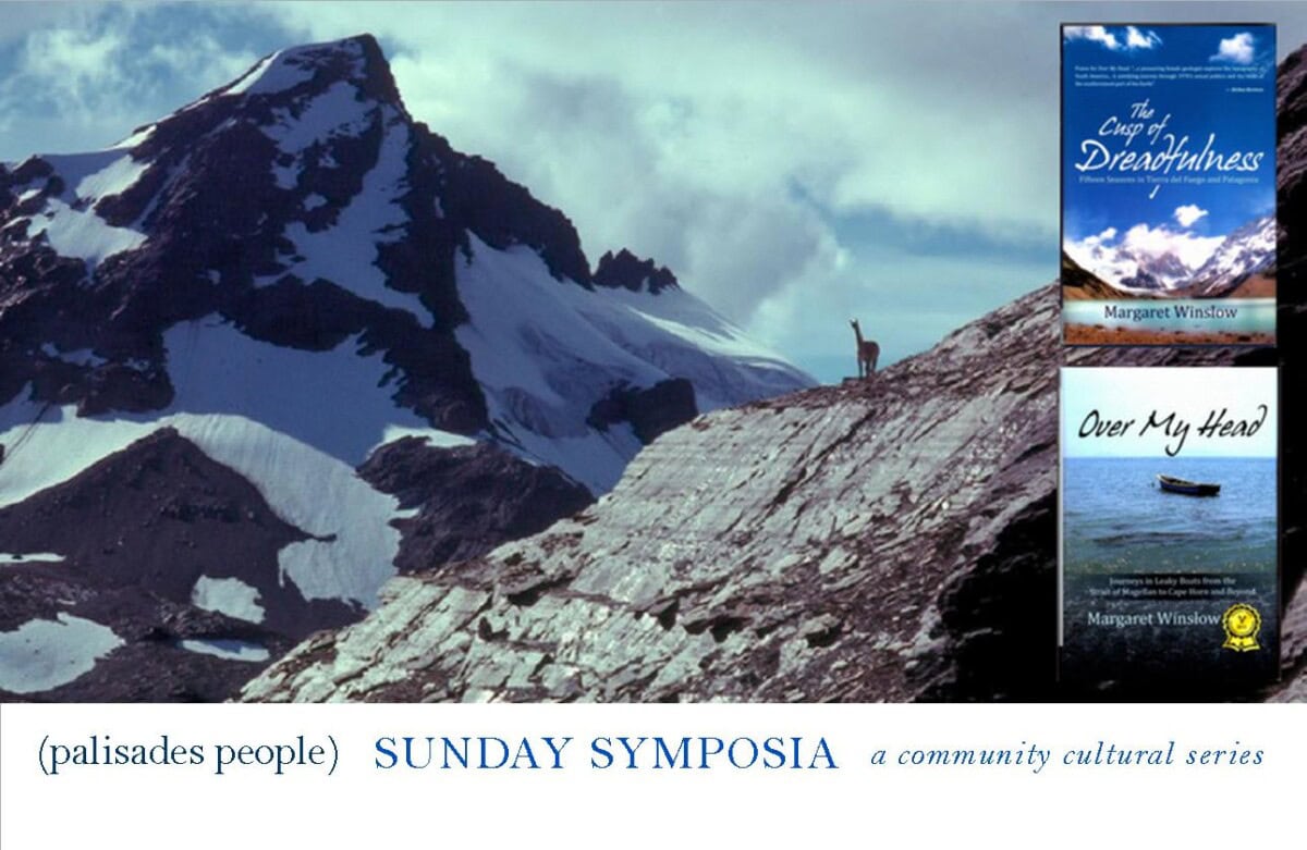 A mountain goat stands on a rocky, snow-dotted mountain slope; two book covers and event text are overlaid on the right and bottom of the image.