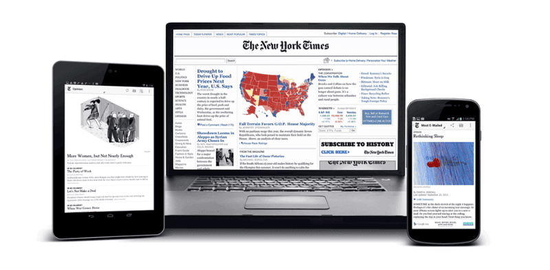 A tablet, laptop, and cell phone all displaying an article from the New York Times