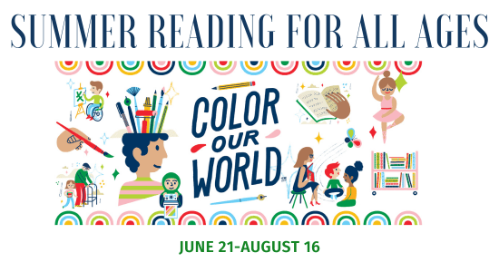 banner for a summer reading program titled "color our world," featuring diverse children reading and engaging in creative activities. program runs from june 21 to august 16.