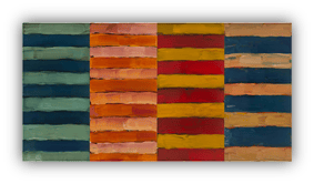 Abstract painting with four vertical panels, each featuring horizontal stripes in varying shades of green, orange, red, blue, and yellow on a rectangular canvas.