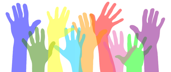 Illustration of multiple raised hands in various overlapping colors on a white background.